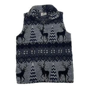 Vintage Reindeer Christmas Tree Winter Blue White Fleece Vest Size Small